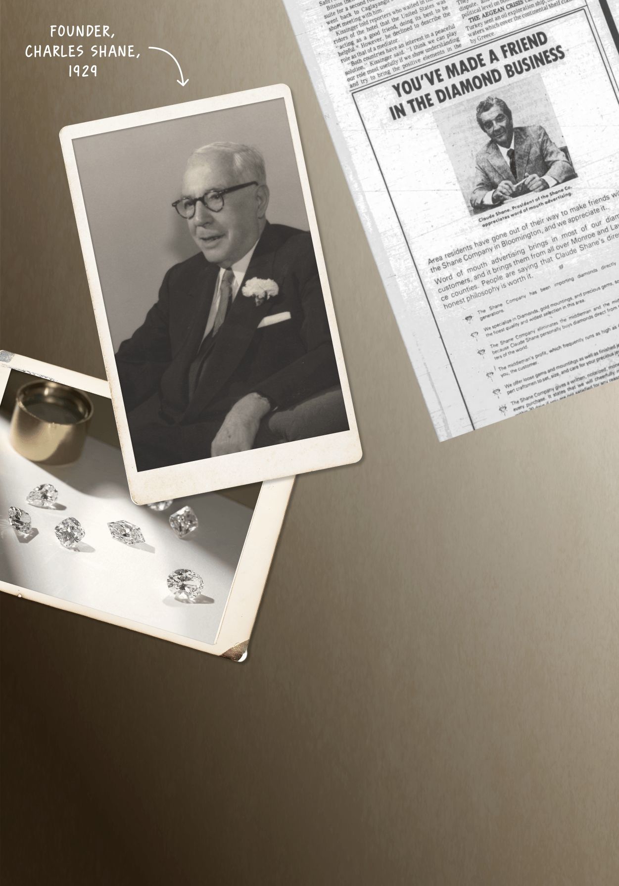 A photo of Charles Shane, a collection of loose diamonds, and a newspaper