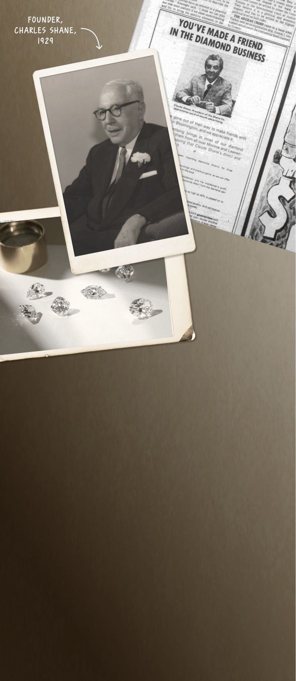 A photo of Charles Shane, a collection of loose diamonds, and a newspaper