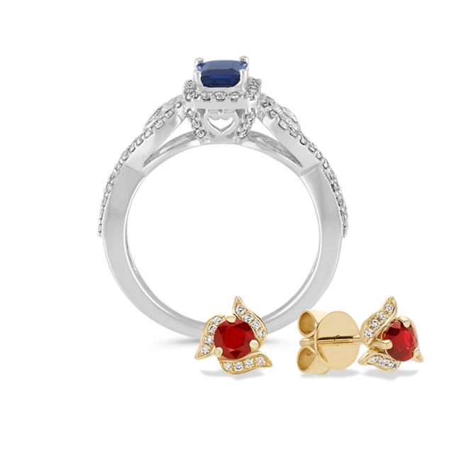 A pair of Ruby Stud Earrings and a Blue Sapphire Ring