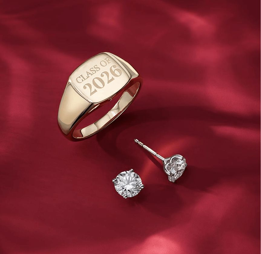 An engraved signet ring and a pair of diamond stud earrings
