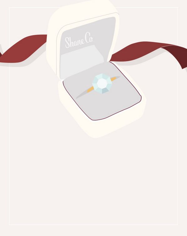 Mobile Image of an illustration of an engagement ring in a Shane Co. box and a ribbon