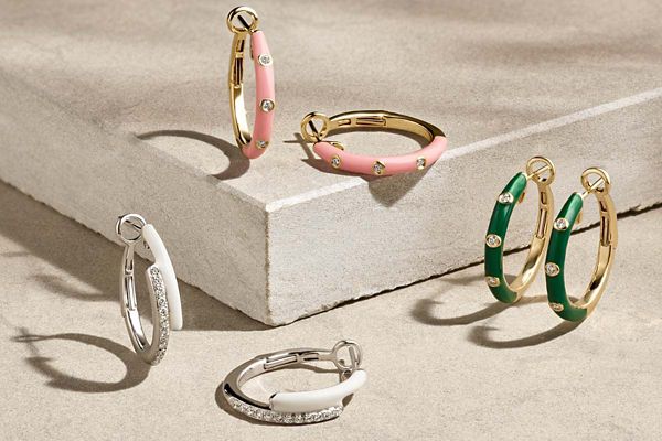 Mobile image of a collection of enamel and gold fashion earrings