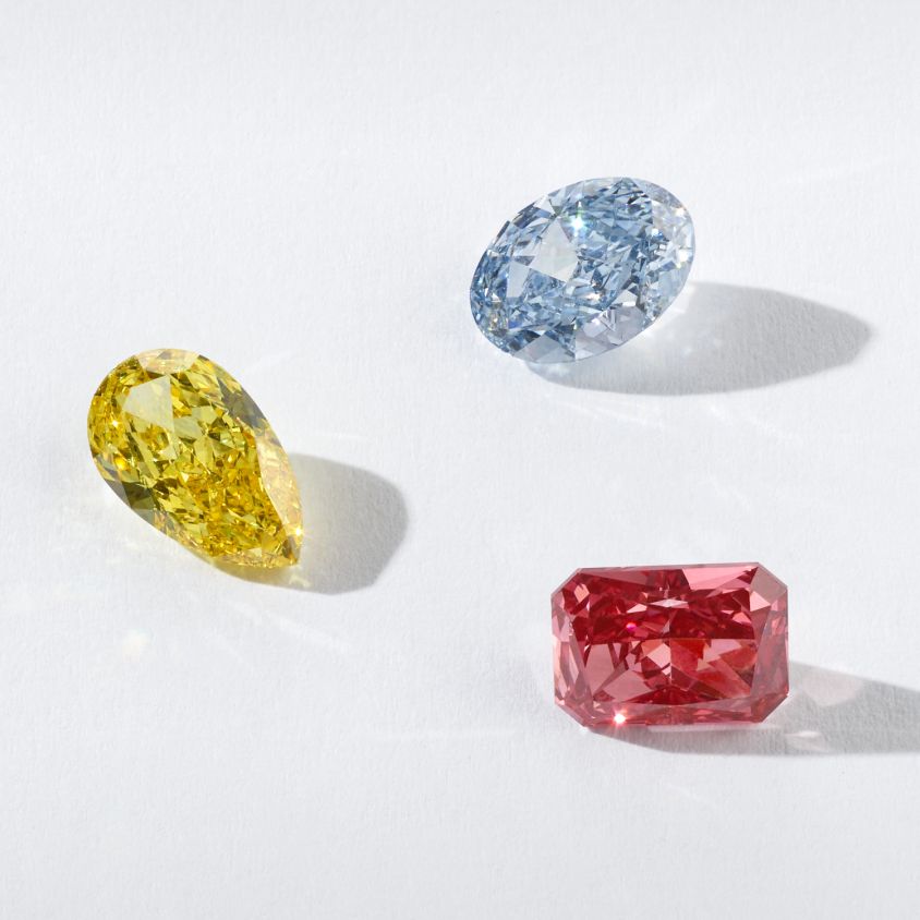 A collection of fancy colored lab-grown diamonds