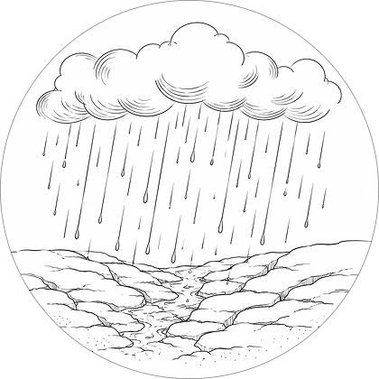 A sketch of rain falling on cracked ground