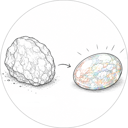 A sketch of a raw opal next to a cut and polished opal