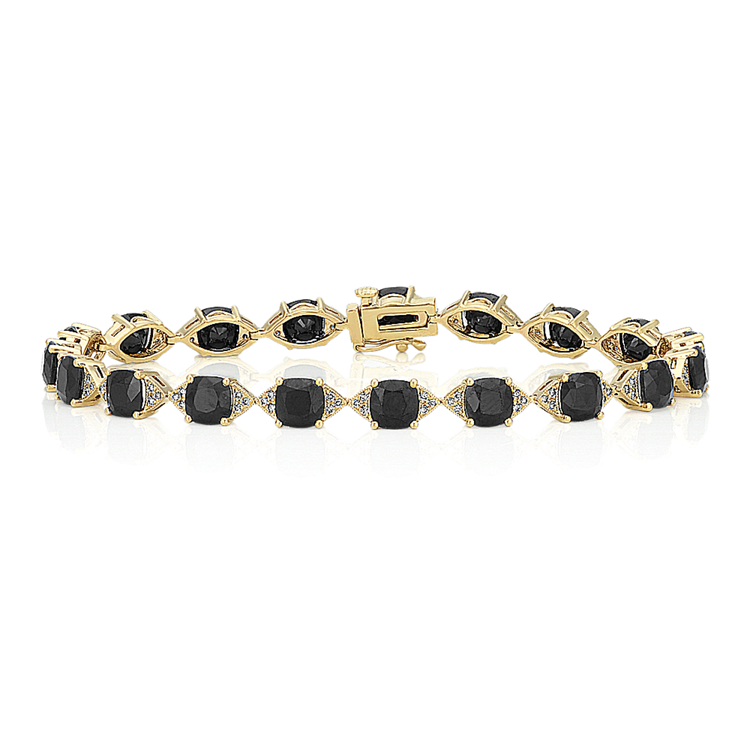 Black Natural Sapphire and Natural Diamond Bracelet in 14k Yellow Gold (7.5 in)