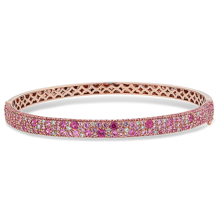 Mosaic Pink Natural Sapphire and Natural Diamond Bangle Bracelet in 14k Rose Gold