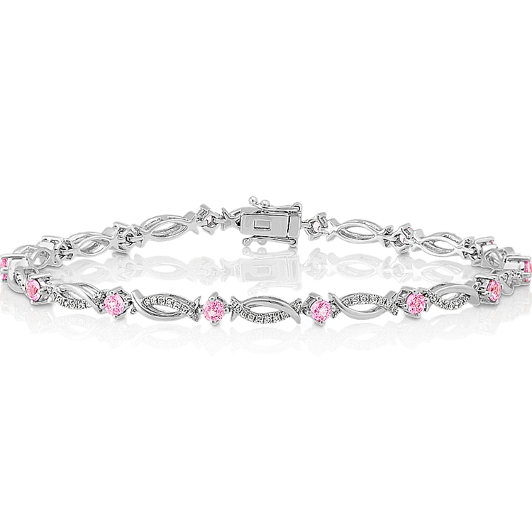 Round Pink Natural Sapphire and Natural Diamond Bracelet in 14k White Gold (7.25 in)