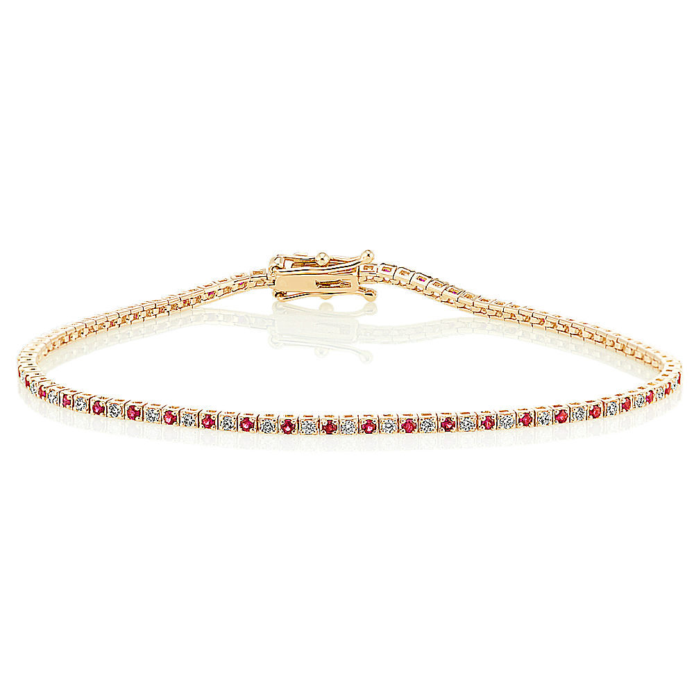 Round Ruby and Diamond Bracelet in 14k Yellow Gold (7 in)