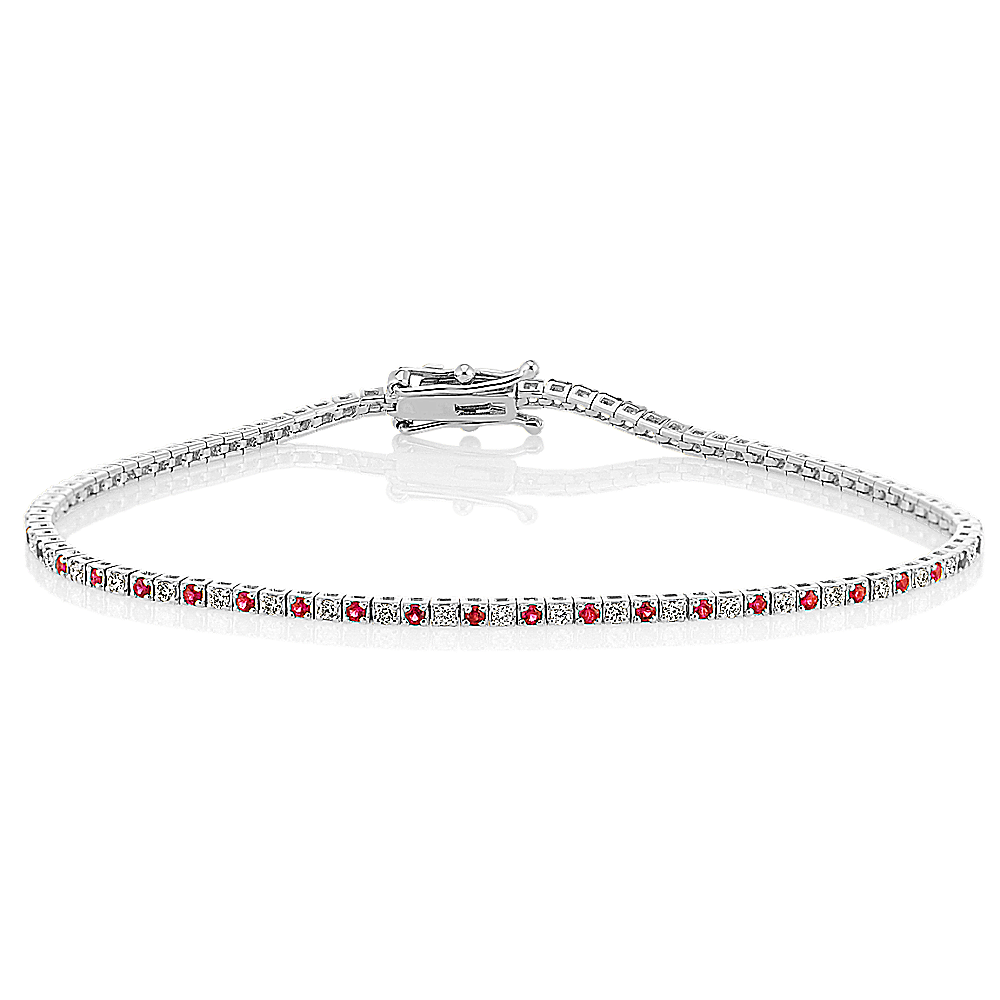 Round Ruby and Diamond Tennis Bracelet in 14k White Gold (7 in)