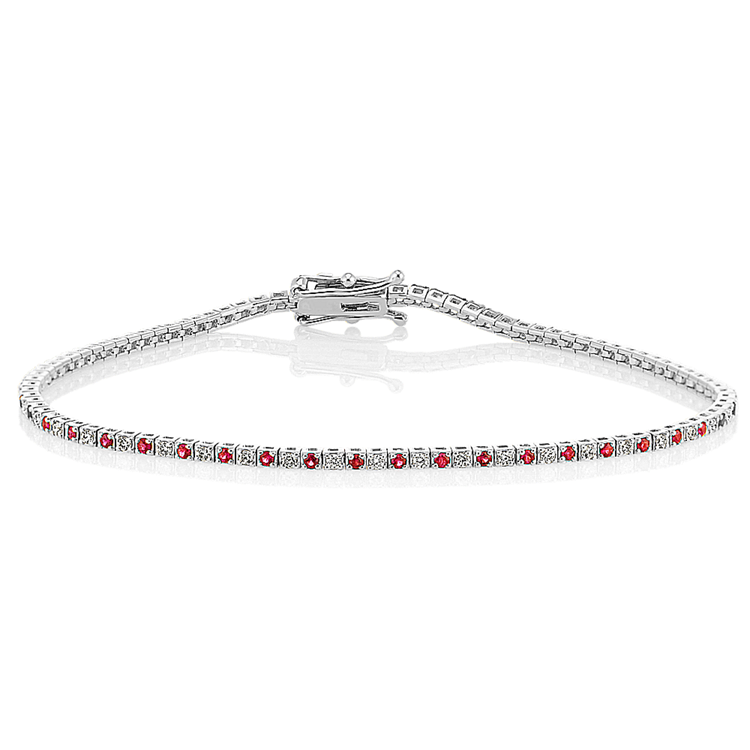 Round Natural Ruby and Natural Diamond Tennis Bracelet in 14k White Gold (7 in)