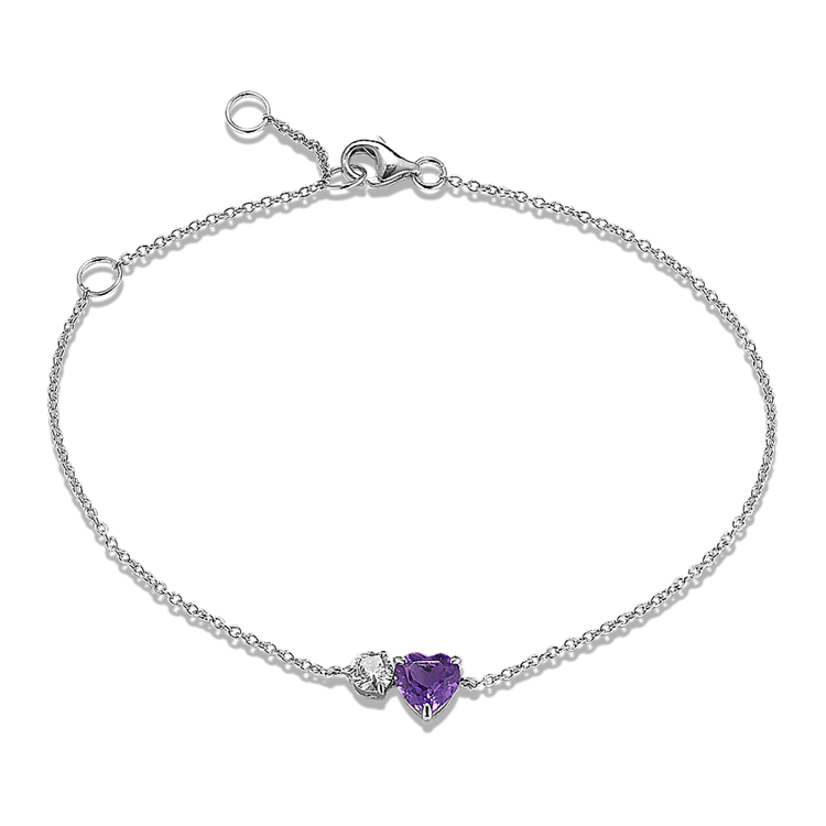 Toi et Moi Natural Amethyst and Natural White Sapphire Bracelet in Sterling Silver (7 in)