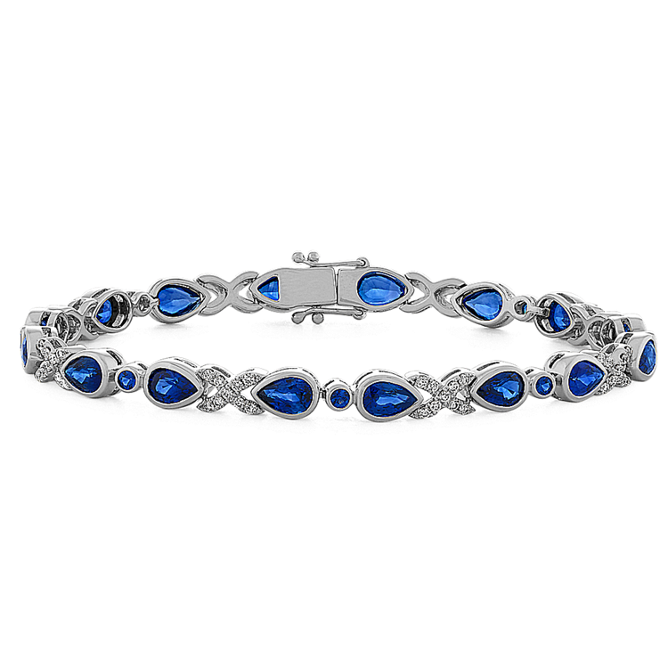 Traditional Natural Sapphire and Natural Diamond Bracelet in 14K White Gold (7 in)