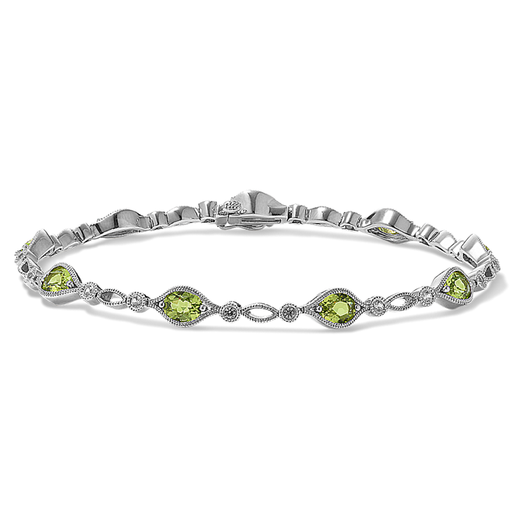 Vintage Green Natural Peridot and White Natural Sapphire Bracelet (7 in)