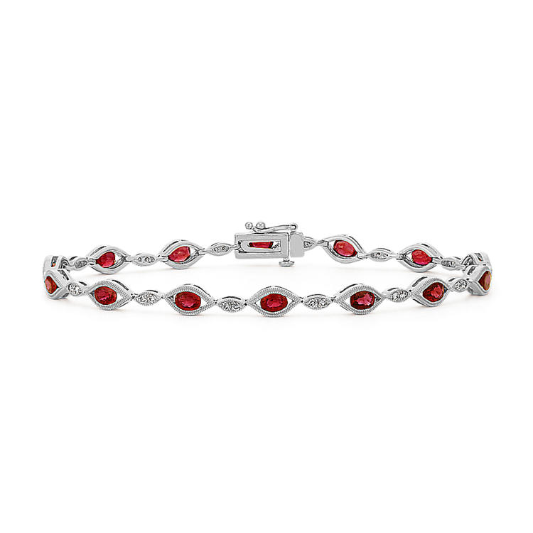 Vintage Natural Ruby and Natural Diamond Bracelet in 14k White Gold (7 in)