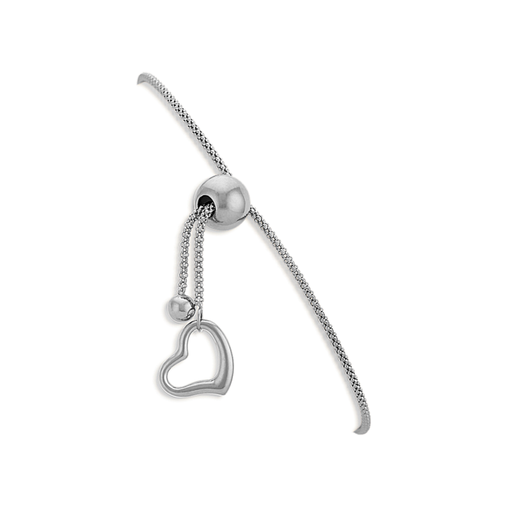 14k White Gold Adjustable Popcorn Chain Bracelet with Heart Accent (9'')