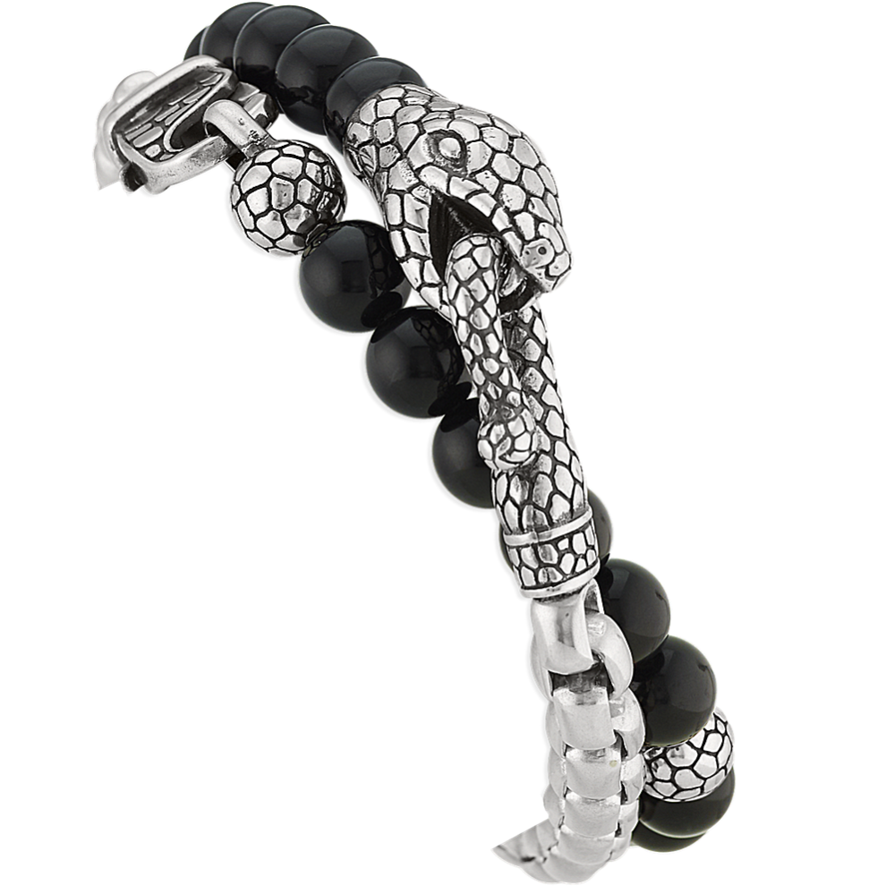 17 in Mens Black Agate Snake Wrap Bracelet