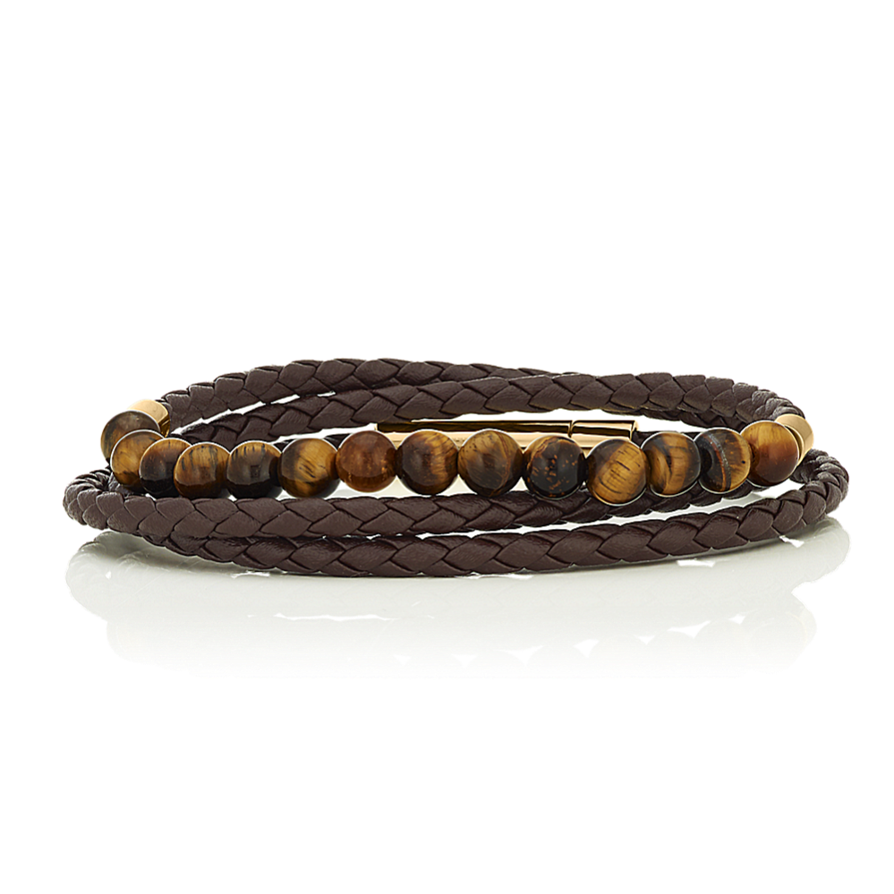 8.5'' Mens Leather Tiger Eye Wrap Bracelet