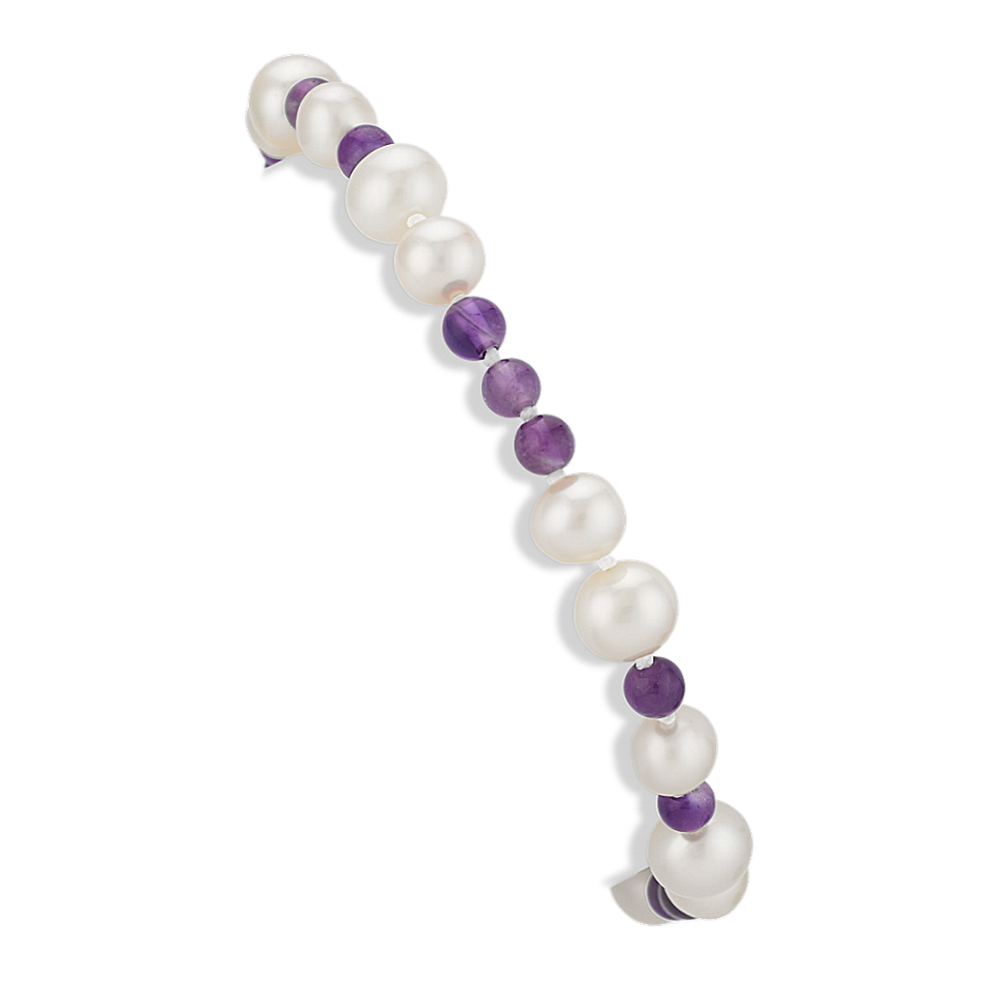 6-7.5mm Freshwater Cultured Pearl and 4mm Amethyst Bead Bracelet (7.5 in)