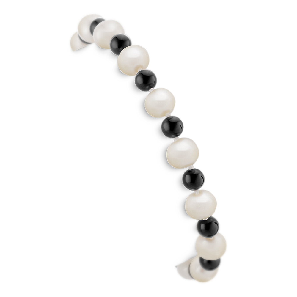 6.5mm Freshwater Cultured Pearl Black Agate and Sterling Silver Bracelet (7.5 in)