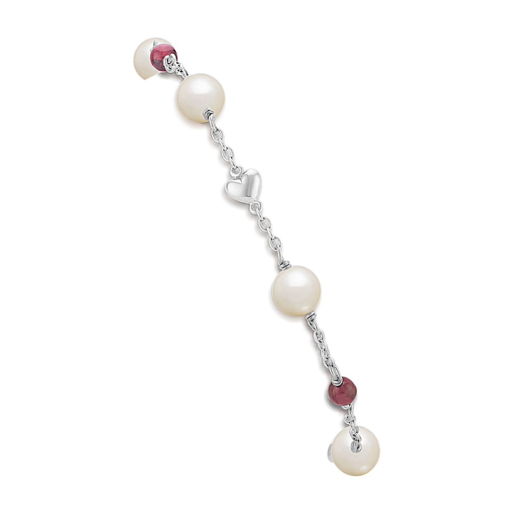 6mm Freshwater Cultured Pearl and Garnet Bracelet in Sterling Silver (7.5 in)