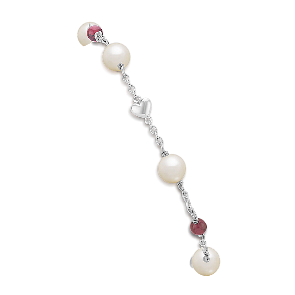 6mm Freshwater Cultured Pearl and Garnet Bracelet in Sterling Silver (7.5'')