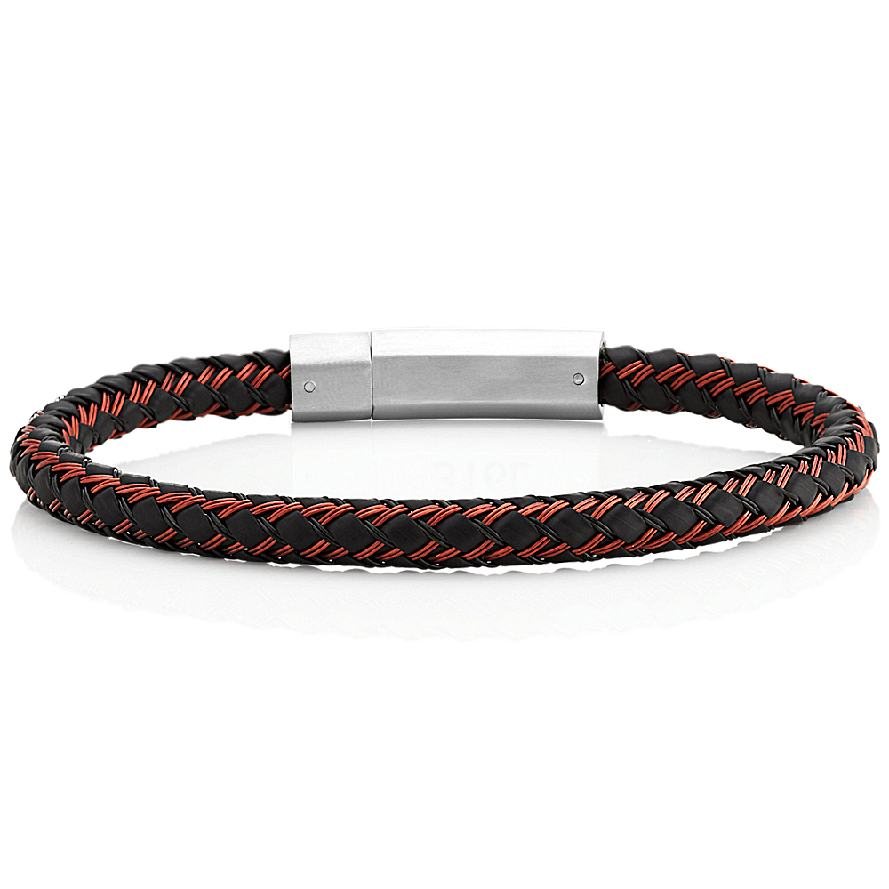 8 in Mens Black and Red Woven Bracelet with Stainless Steel Clasp