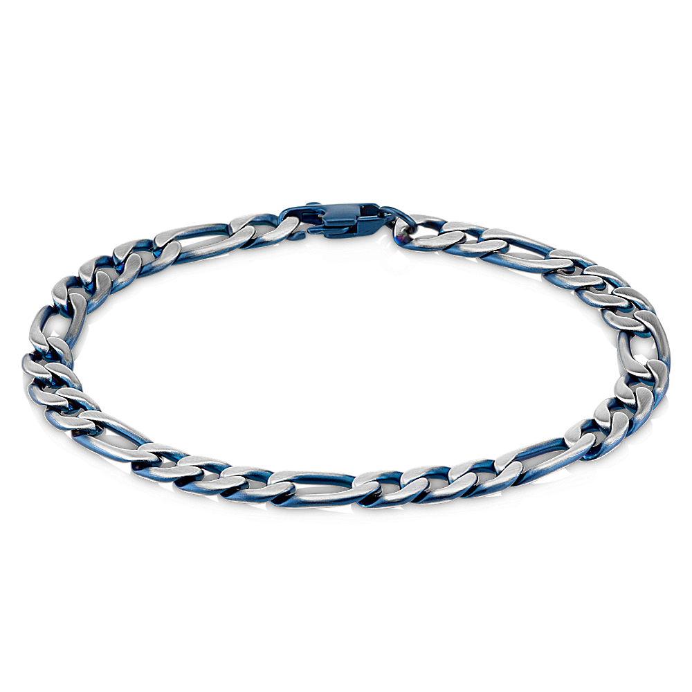 8 in Mens Stainless Steel Figaro Bracelet with Blue Ionic Plating (6.5mm)