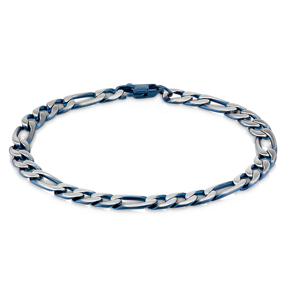 8 in Mens Stainless Steel Figaro Bracelet with Blue Ionic Plating (6.5mm)