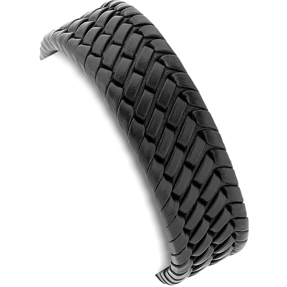 8'' Mens Woven Black Leather and Stainless Steel Bracelet