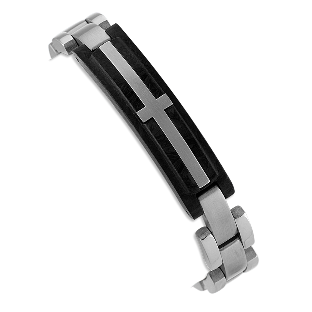 8.5 in Mens Black Carbon Fiber and Stainless Steel Cross Link Bracelet