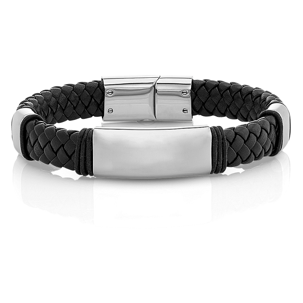 8.5 in Mens Braided Black Leather and Stainless Steel Bracelet Shane Co.