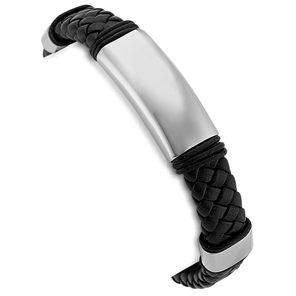 8.5'' Mens Braided Black Leather and Stainless Steel Bracelet
