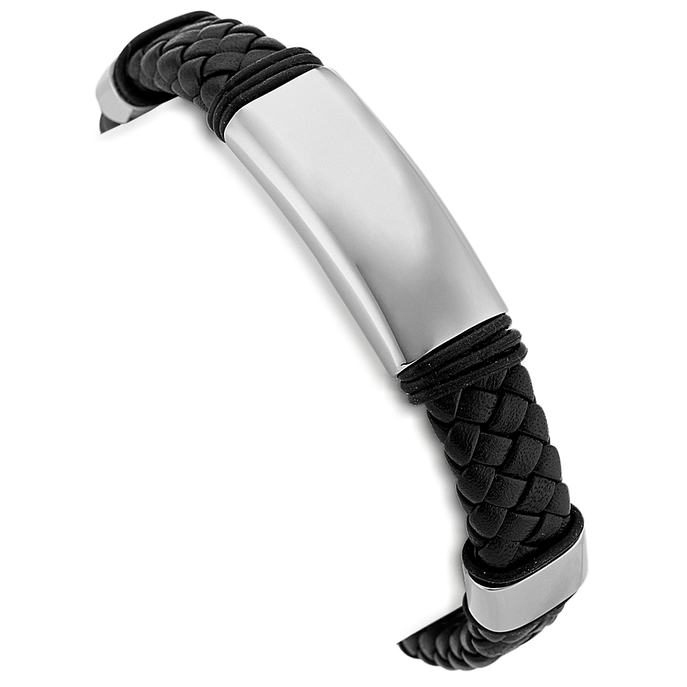 8.5 in Mens Braided Black Leather and Stainless Steel Bracelet Shane Co.