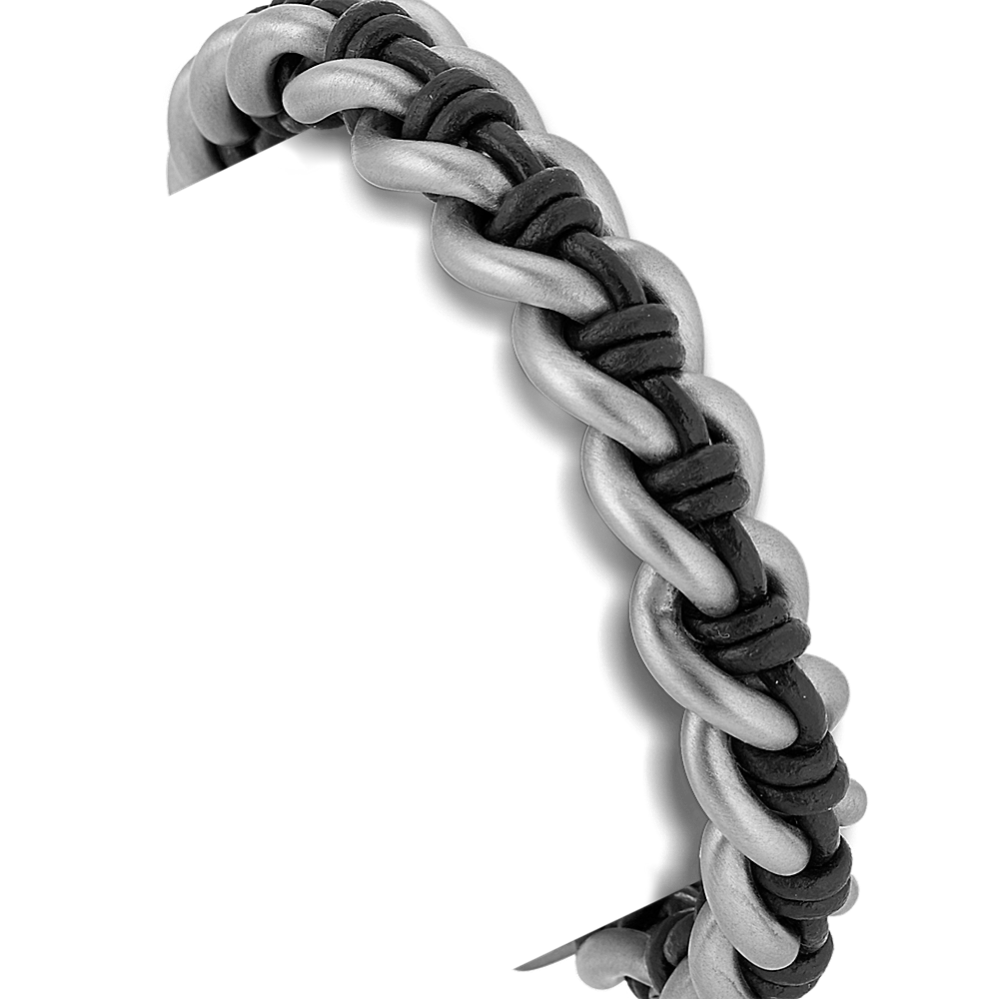 8.5'' Mens Stainless Steel and Black Leather Chain Bracelet