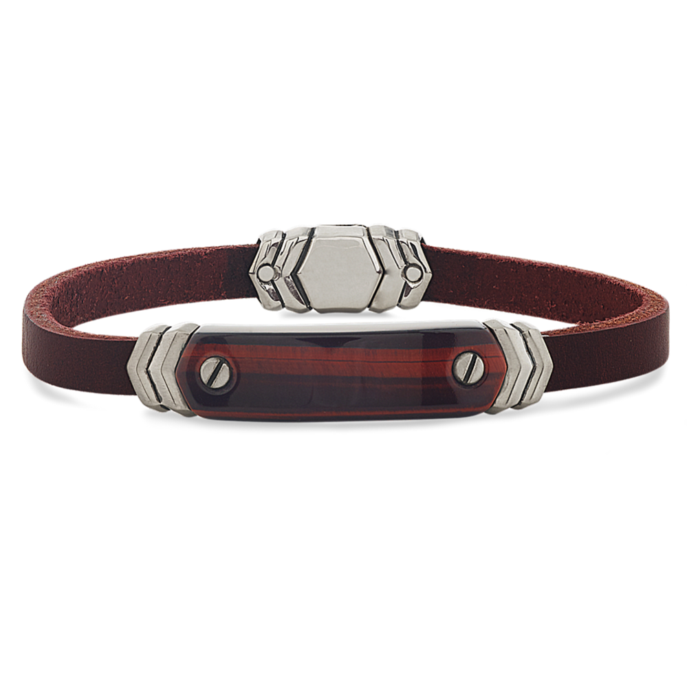 8.5 in Red Tigers Eye and Leather Mens Bracelet