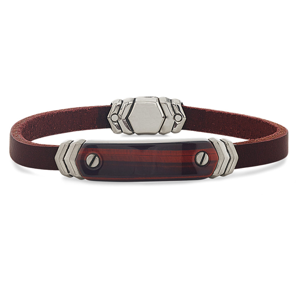 8.5'' Red Tigers Eye and Leather Mens Bracelet