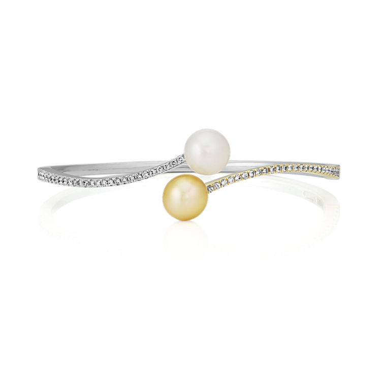 9mm Cultured South Sea Pearl and Natural Diamond Bangle Bracelet (7 in)