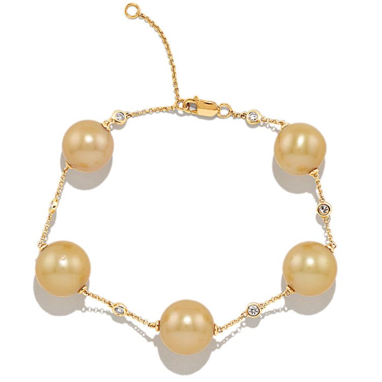 Sunshine 9mm South Sea Pearl and Natural Diamond Bracelet in 14K Yellow Gold (8 in)