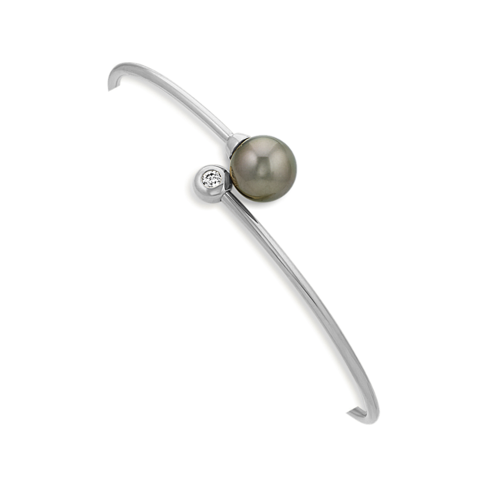 9mm Tahitian Cultured Pearl and Diamond Bangle Bracelet (7 in)