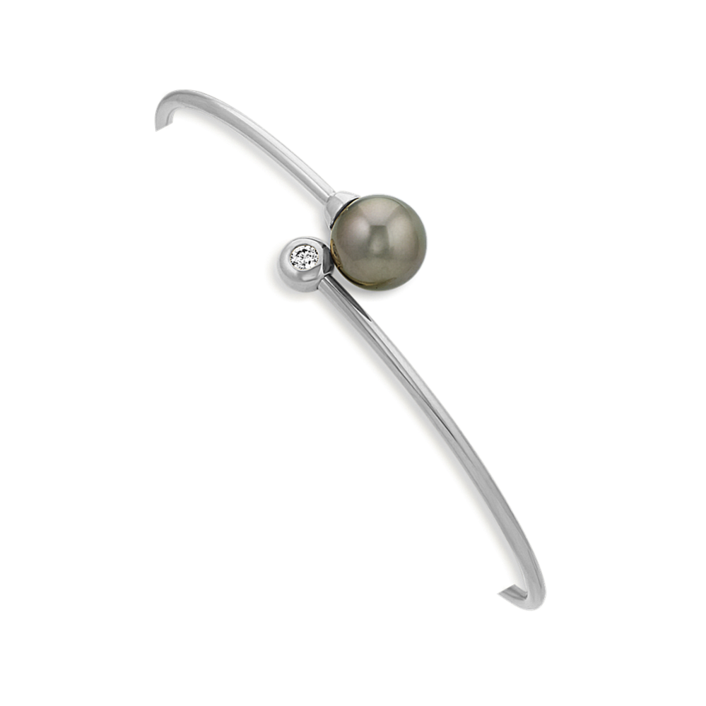 9mm Tahitian Cultured Pearl and Diamond Bangle Bracelet (7'')