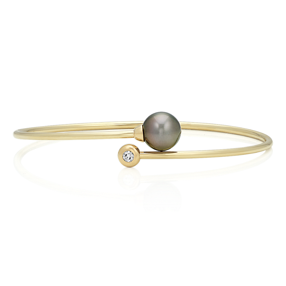 9mm Tahitian Cultured Pearl and Diamond Bangle Bracelet (7.5'')