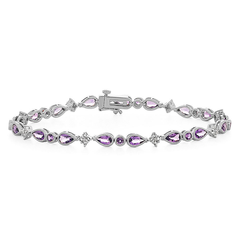 Natural Amethyst and White Natural Sapphire Bracelet (7 in)