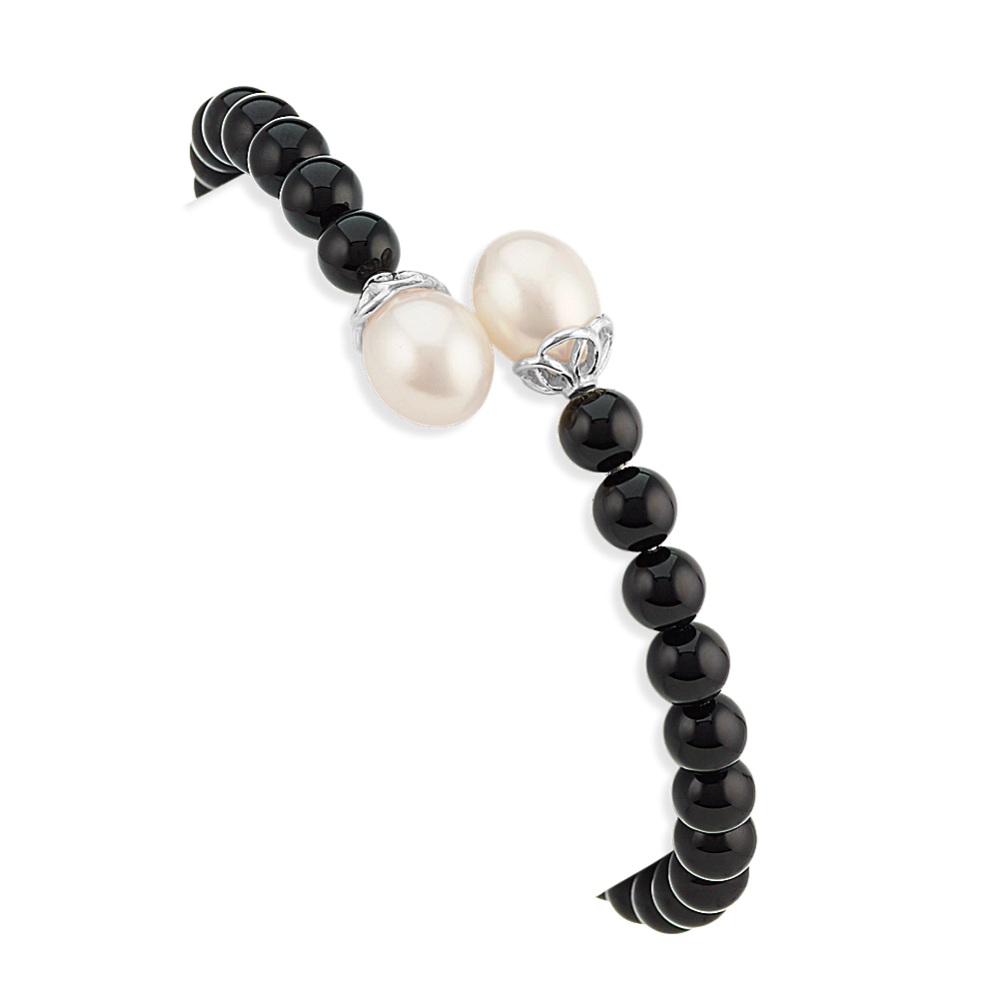 Black Agate and 9mm Freshwater Cultured Pearl Bangle Bracelet (7 in)