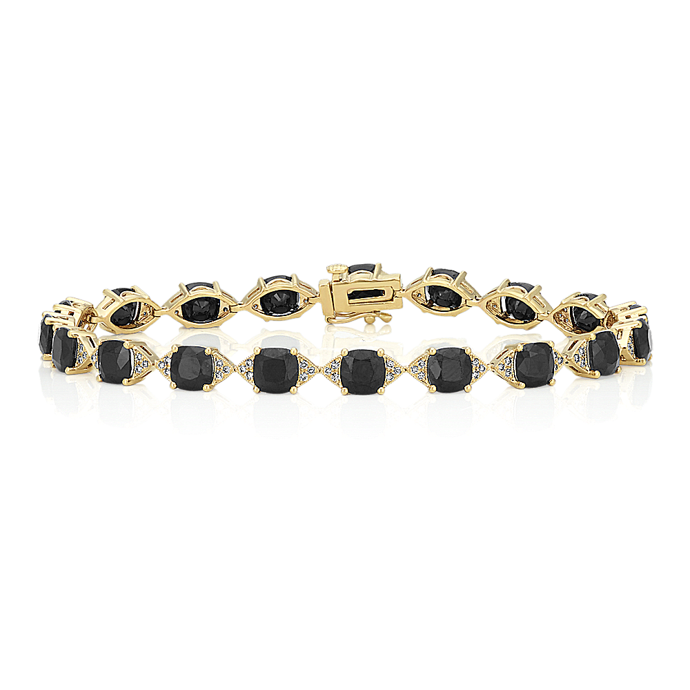 Black Natural Sapphire and Natural Diamond Bracelet in 14k Yellow Gold (7.5 in)