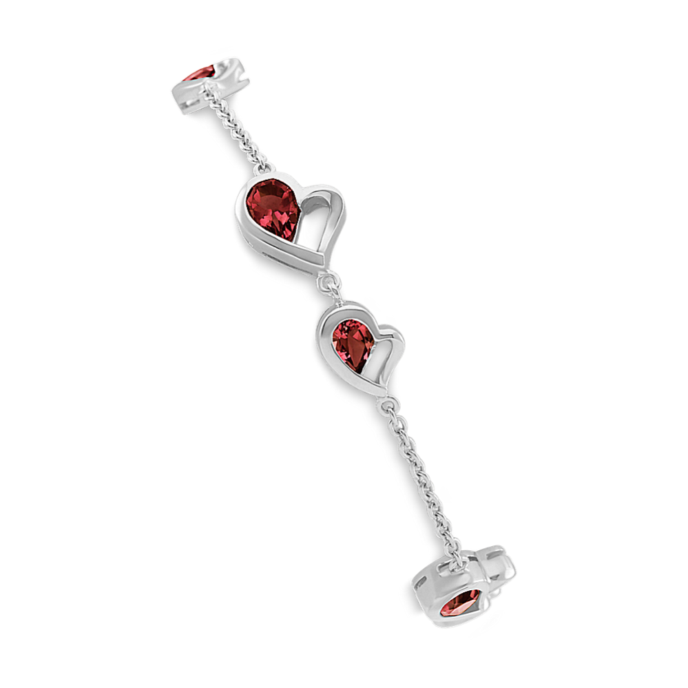 Double-Heart Bracelet with Pear-Shaped Garnet in Sterling Silver (7.5'')