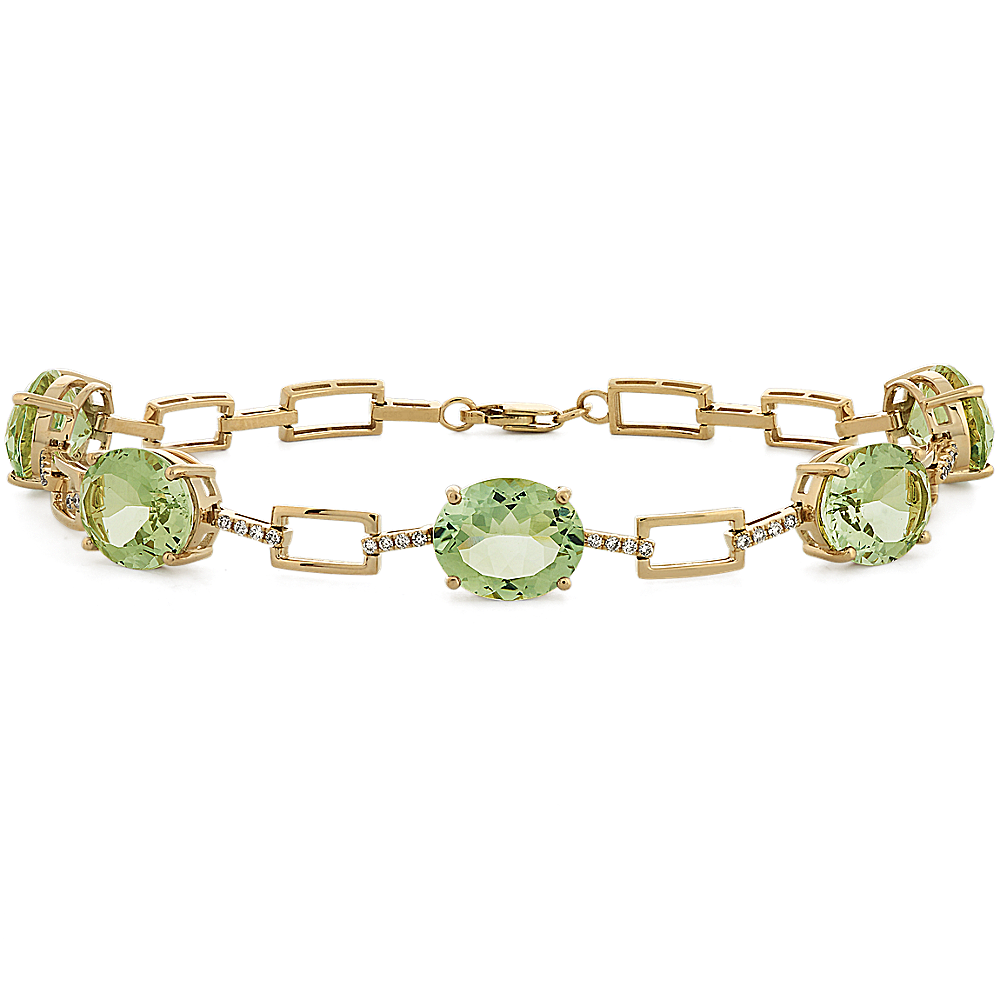 Green Natural Quartz & Natural Diamond Bracelet in 14K Yellow Gold (7.5 in)
