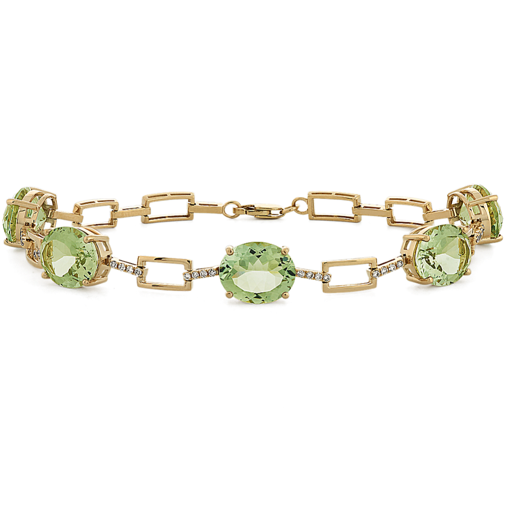 Green Quartz & Diamond Bracelet in 14K Yellow Gold (7.5'')