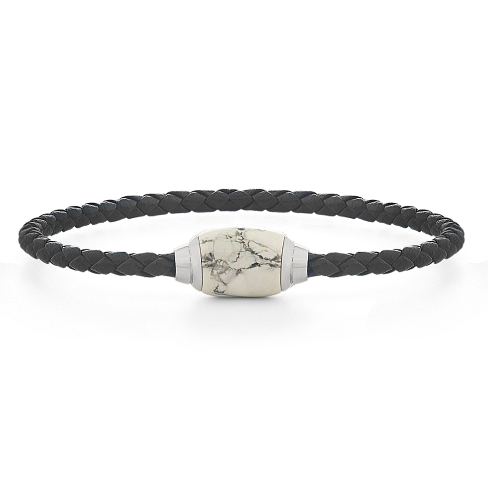 Howlite Mens Bracelet in Leather and Sterling Silver (8.5'')