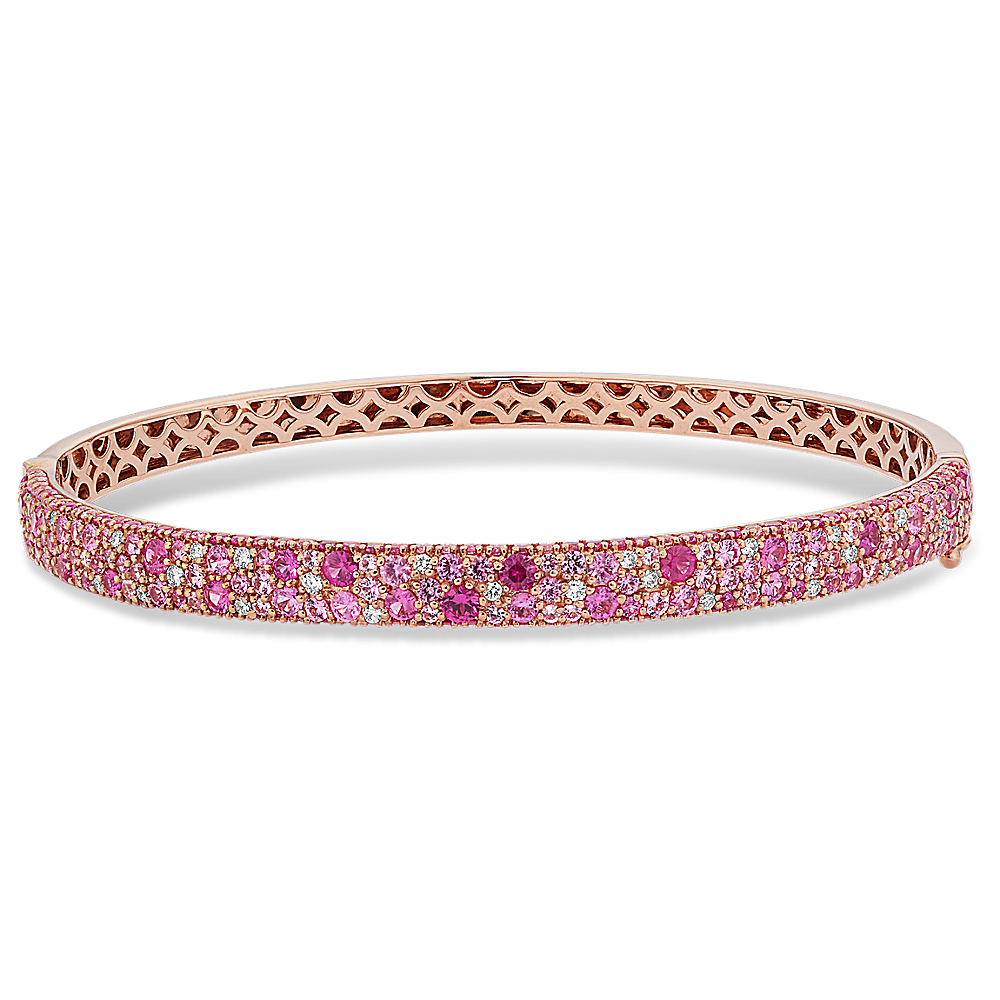 Mosaic Pink Natural Sapphire and Natural Diamond Bangle Bracelet in 14k Rose Gold